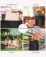 4 Pack Black Insulated Grocery Bags Reusable with Zippered Top for Food & Shoppi