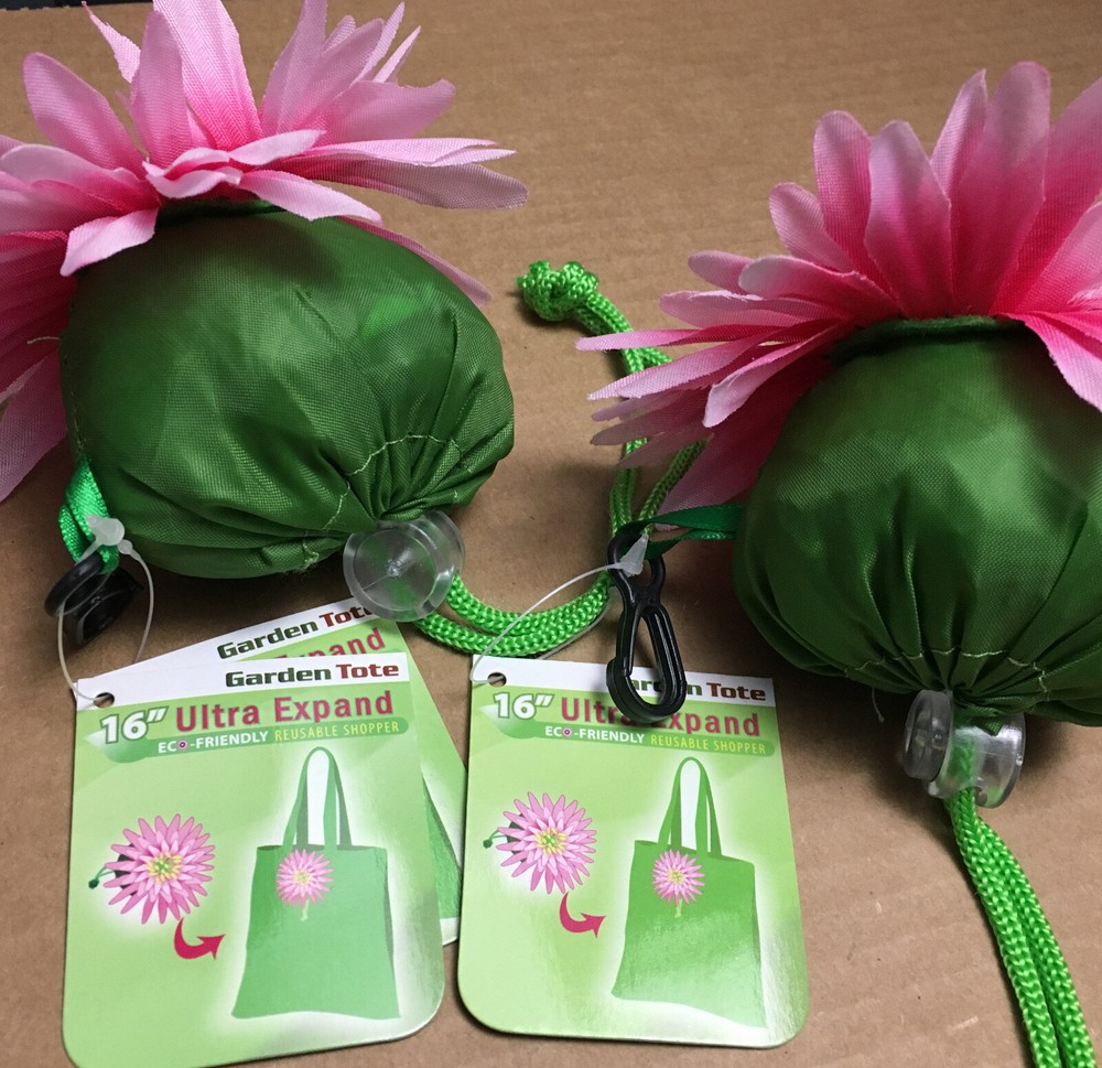 REUSABLE SHOPPER BAG ULTRA EXPAND PINK WILDFLOWER GREEN BAG GARDEN TOTE ,2 PIECE