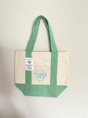 Trader Joe’s Canvas Foldable Mini Tote Bag Beige With Pastel Green Handles