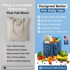Canvas Grocery Bag 3pc Jumbo Set with Real Pockets, Long Shoulder Strap and S…