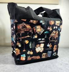 Tote Market Book Bag Novelty Fabric Bookworm on Black Canvas Handmade