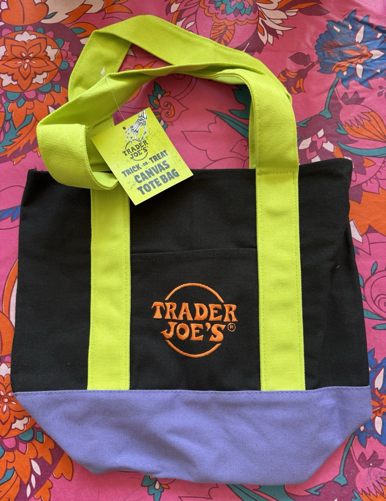 Trader Joe’s Trick-or-Treat Canvas Tote Bag Black Green Purple 12x8x10