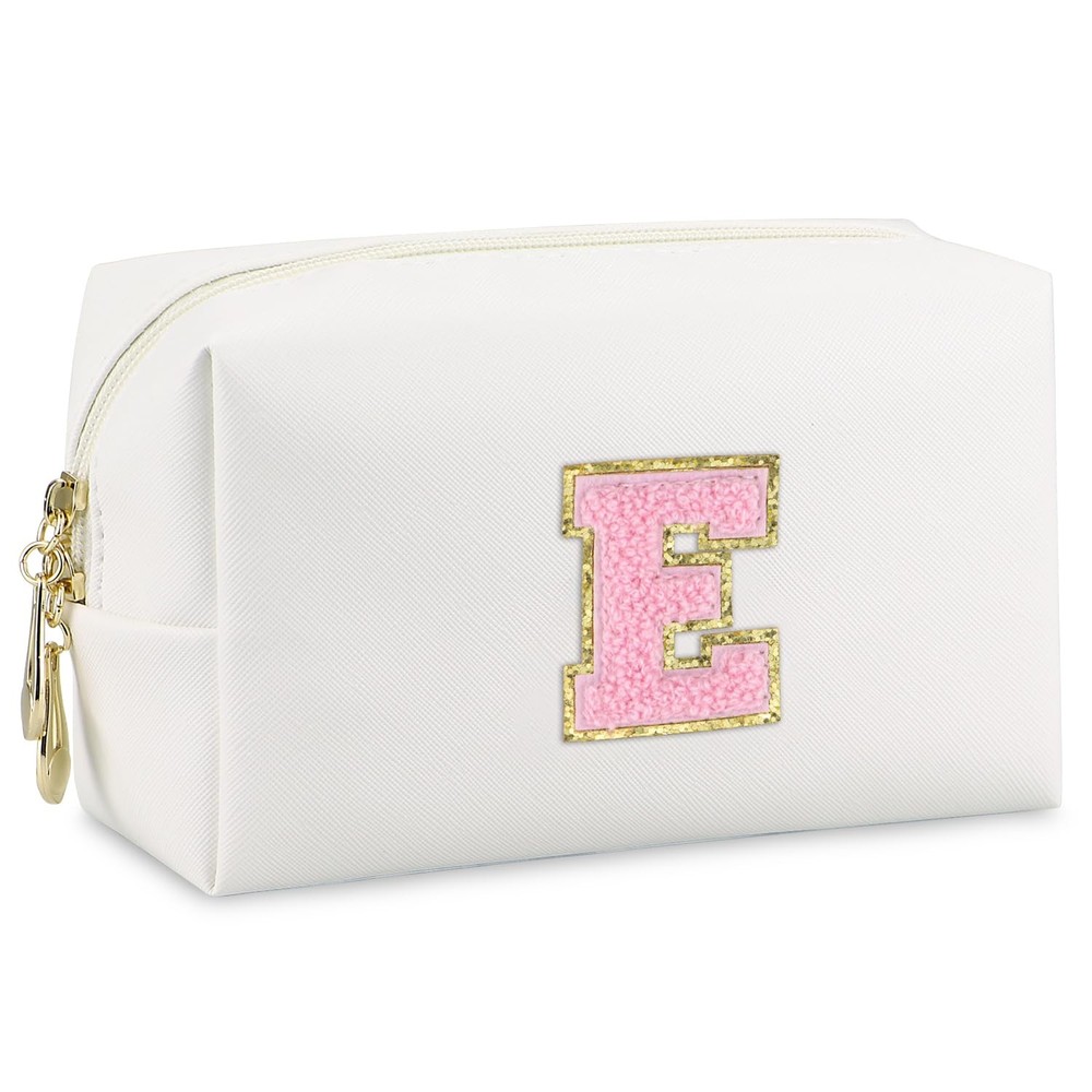 Gosuoa Initial Makeup Bag,Personalized preppy bag Waterproof PU Leather White