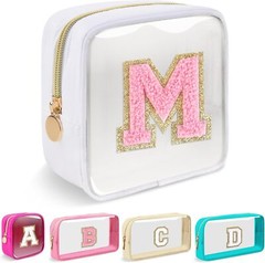 Mini Clear Personalized Initial Makeup Bag,Nylon Preppy A-Z M, Mini-White