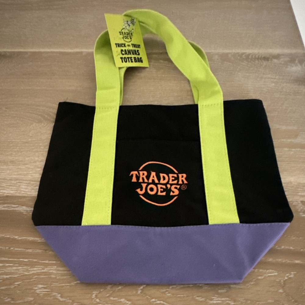 Trader Joe’s Foldable Canvas Tote Bag Black Purple Neon Green Color Block