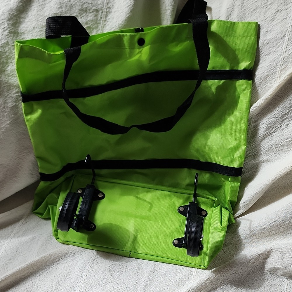 Green Foldable Reusable Shopping Bag with Wheels, Handles, Polyester, Modern
