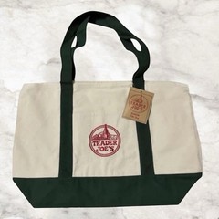Trader Joe’s Canvas Tote Bag Dark Green & Cream Full Size Sturdy Washable NWT