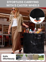 Large Rolling Grocery Bag Wide Zipper 36-Gallon Tote W/5 Wheels 110 lbs Capacity