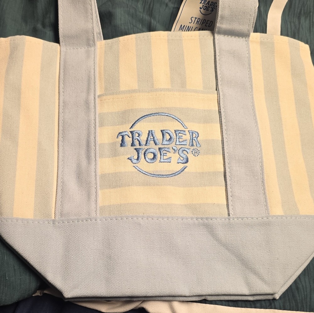 Trader Joe’s Easter Edition Striped Mini Canvas Tote Bag Reusable Blue & White