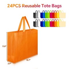 24 Pack Reusable Grocery Bags, Colorful Non-Woven Shopping Bags, Foldable Tot…
