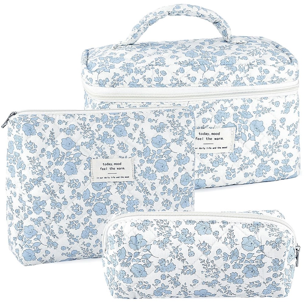 URSKYTOUS 3Pcs Makeup Bag Quilted Cosmetic Set Bow MH 3PCS White Blue
