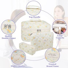 Quilted Makeup Bag Set, Large Floral Cosmetic for Women, Yellow Daylily
