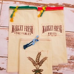 Reusable Vintage designed Rustic Farmhouse Produce/ Bread Bag Bundle 