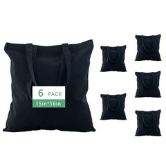 6 Pack Black Canvas Cotton Tote Bags 15×16 – Heavy-Duty Reusable Canvas Totes…