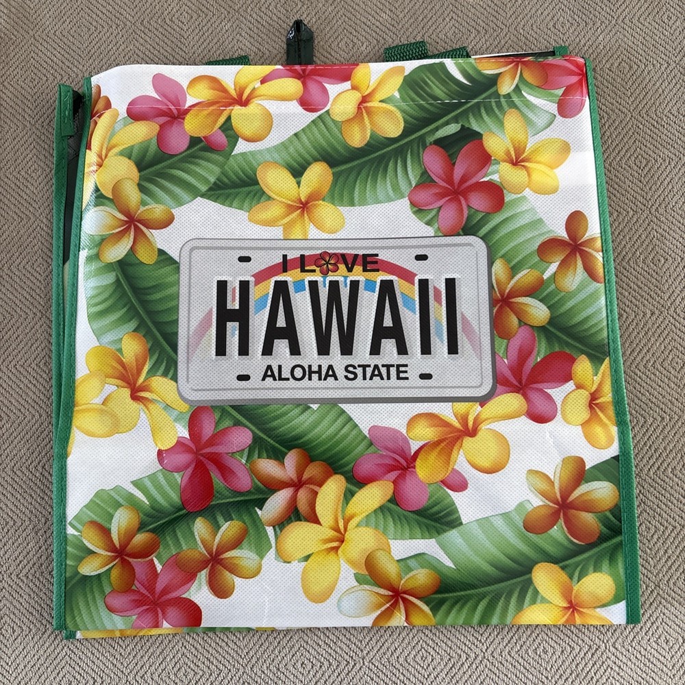 HAWAIIAN PLUMERIA WHITE LICENSE PLATE REUSABLE SHOPPING BAG BEACH BAG