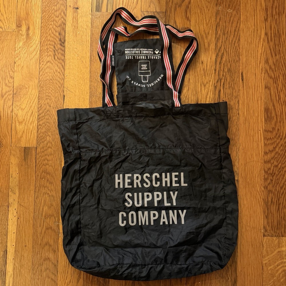 Herschel Reuseable Packable Tote Bag Red Black Striped Handle