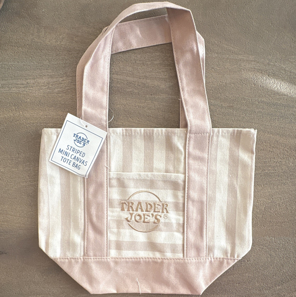 Trader Joe’s Striped Mini Canvas Tote Bag Tan/White Reusable 1 Gal 12x8x6