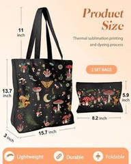 2 Pack Canvas Tote Bag – with Makeup Pouch Aesthetic Cute Women Black Mushroom