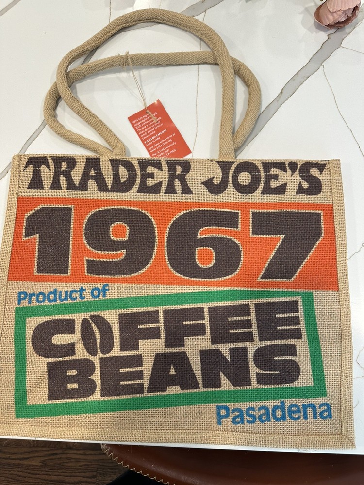 Trader Joe’s Tote Jute Bag Reusable 1967 Pasadena Anniversary Coffee Beans NWT