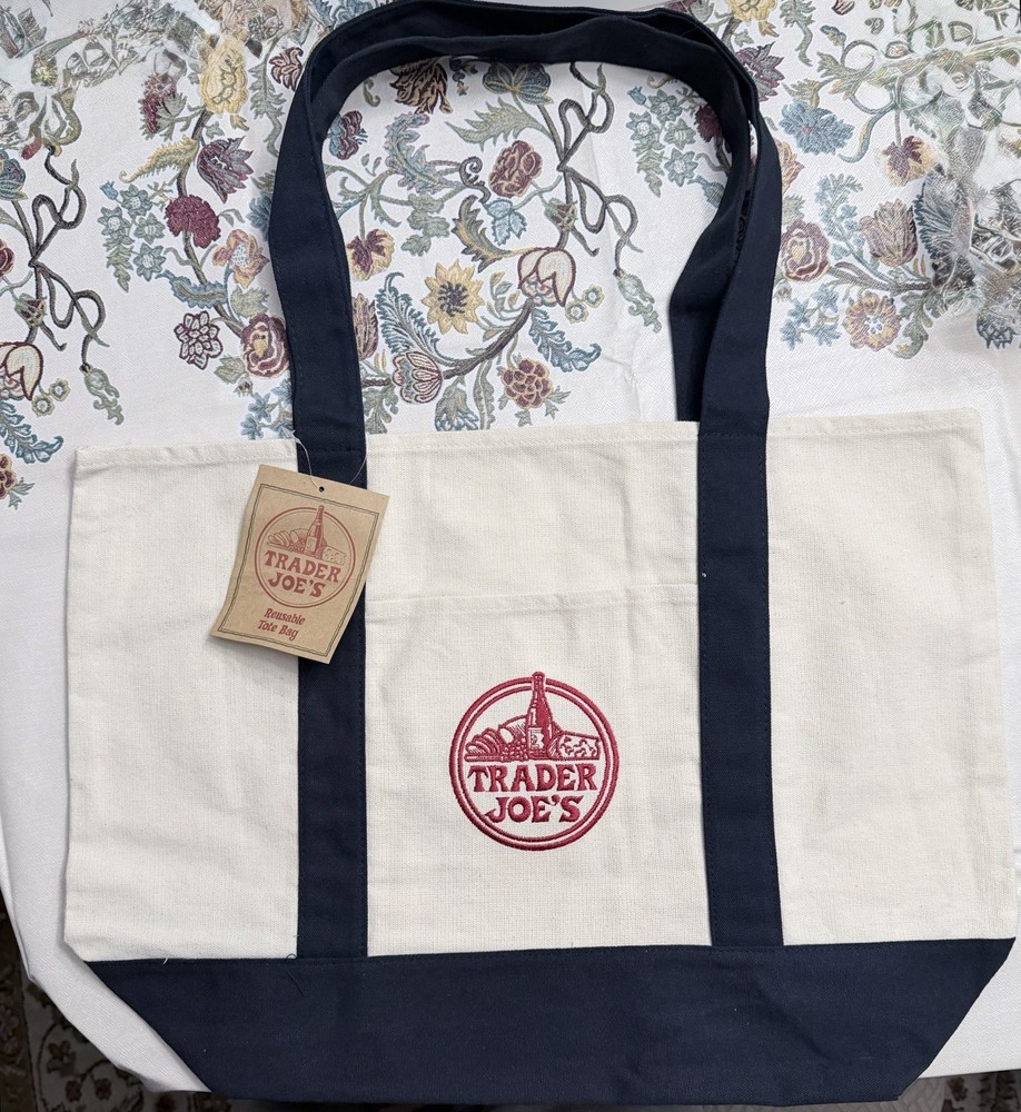 Trader Joe’s Reusable Canvas Shopping Tote Bag Beige Navy Blue Solid Plain