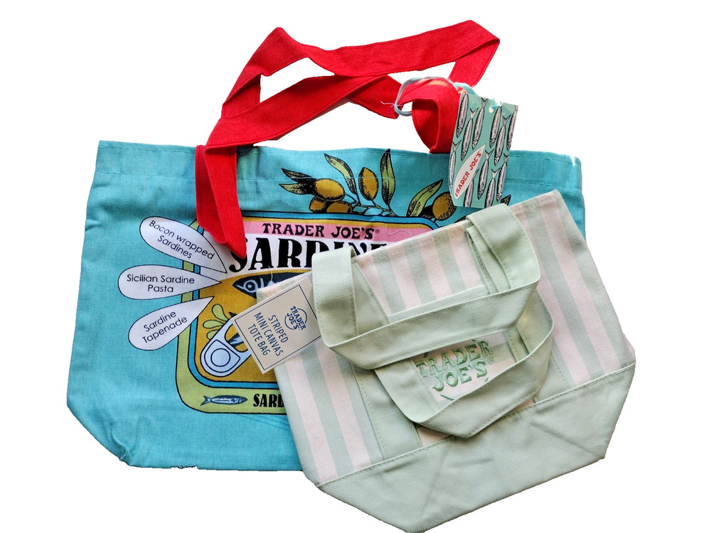 2PC Combo Trader Joe’s Sardines Canvas and Mint Stripes Mini Tote Bags