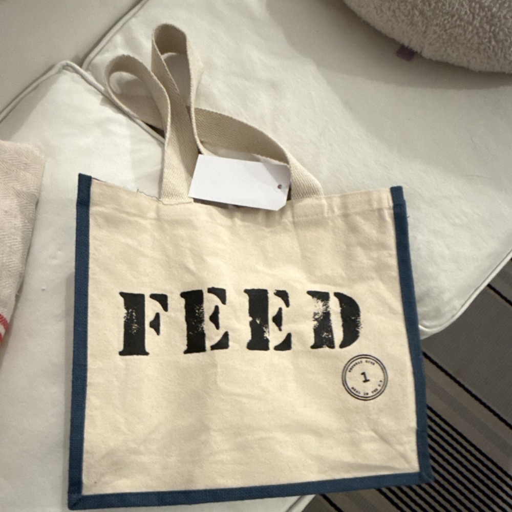 FEED Canvas Reusable Shopping Bag Solid Beige Blue Trim Eco-Friendly Plain Tote