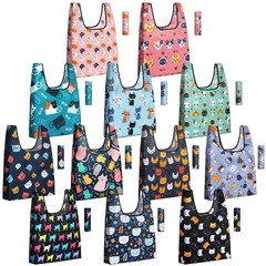 Cat Print Reusable Grocery Bag Foldable Washable Shopping Tote Bag 12 PCS