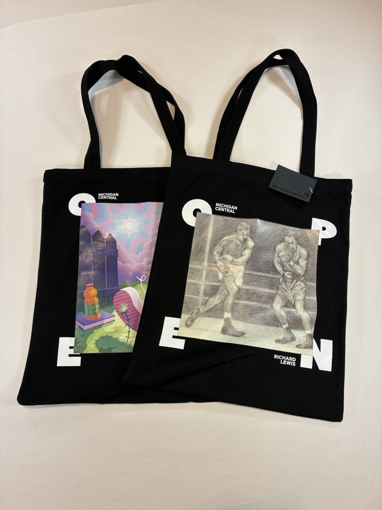 Michigan Central OPEN Canvas Graphic Print Tote Bag Black/White Medium 15×13″