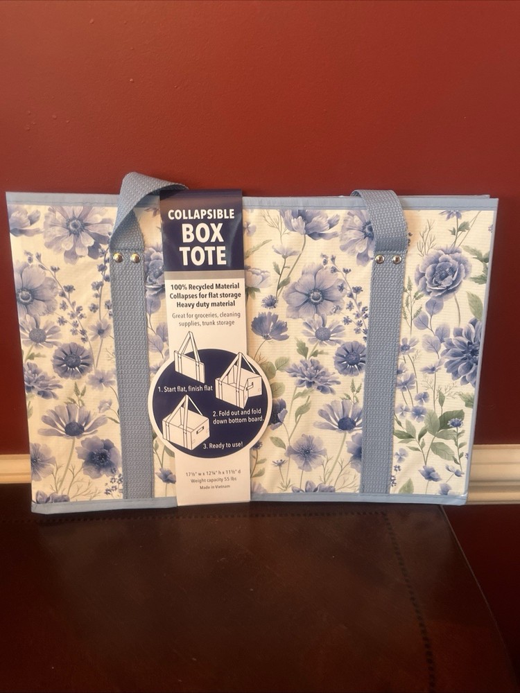 Collapsible Box Tote Reusable Folds Flat Heavy Duty Blue & White NEW