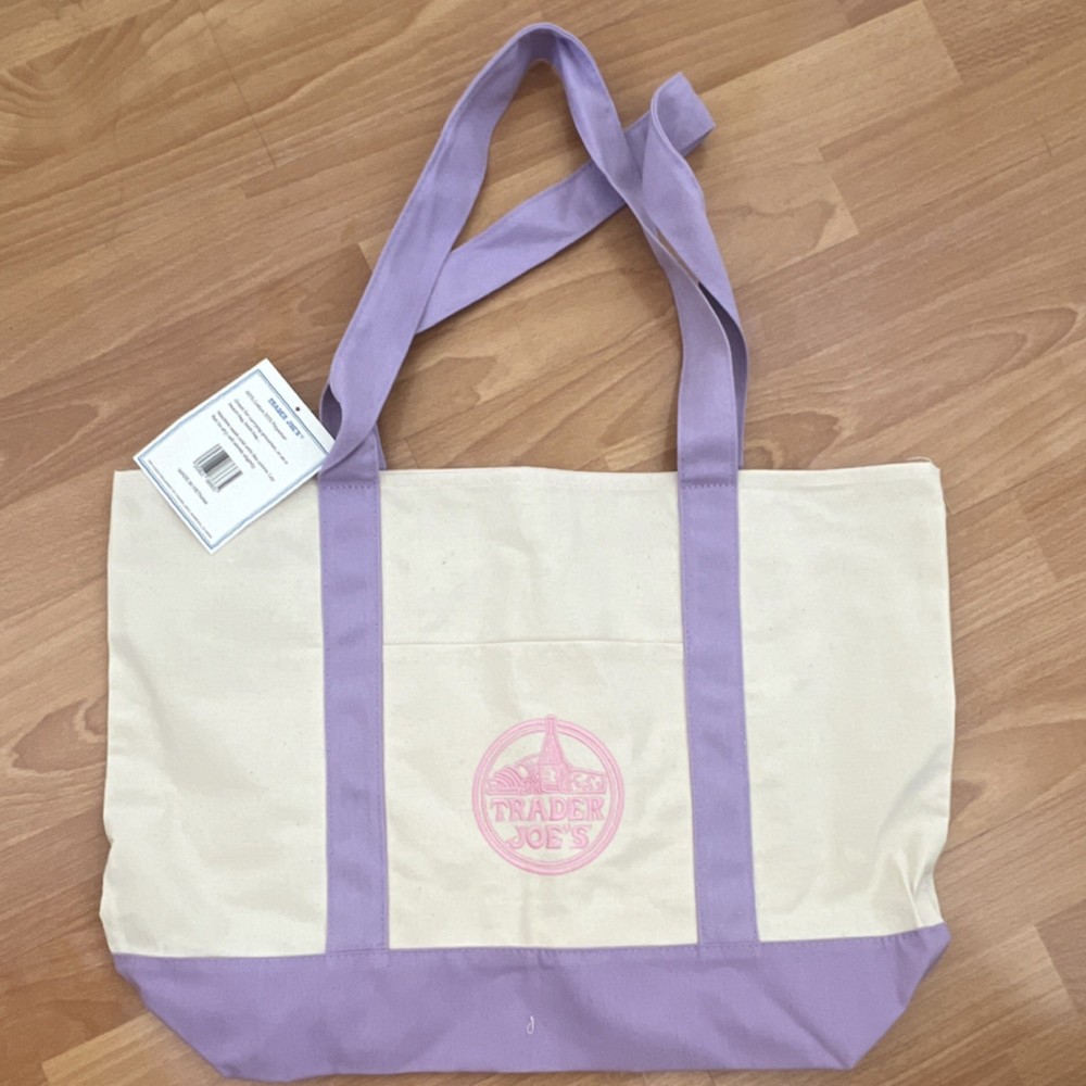 Trader Joe’s Foldable Reusable Shopping Bag, Beige Purple Cotton Polyester Tote