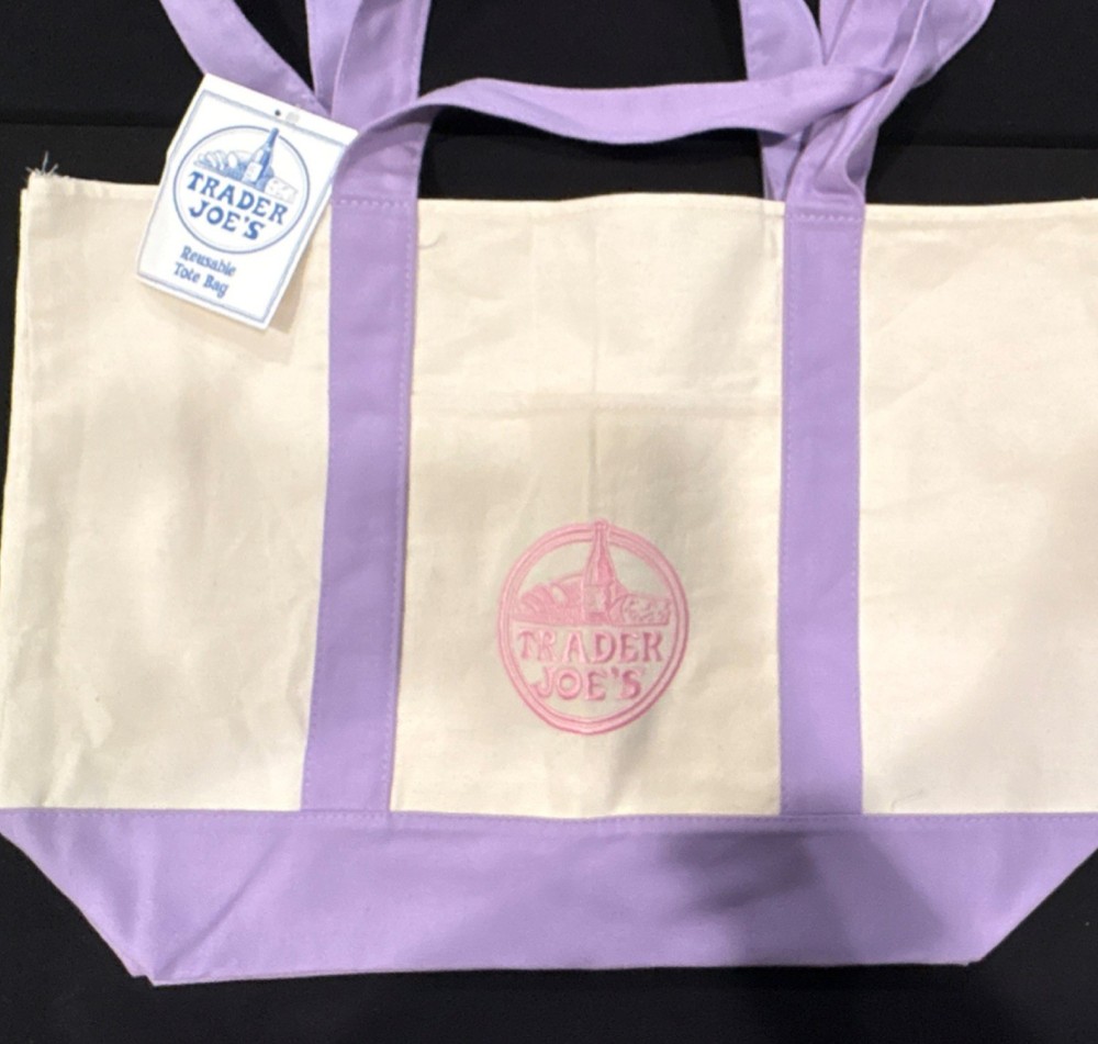 Trader Joe’s Foldable Canvas Reusable Tote Bag Beige Purple Solid Grocery