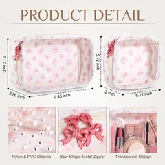 Kacctyen 2 Pcs Clear Pink Bow Makeup Bag with Zipper Coquette clear, pink