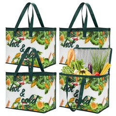 4 Pack Insulated Reusable Grocery Bag, Large Shopping Tote with Zippered Top …