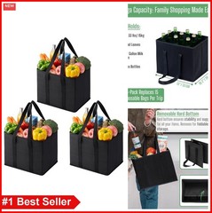 Reusable Grocery Bags 3 Pack Heavy Duty 6 Gallon Hard Bottom Foldable Shopping