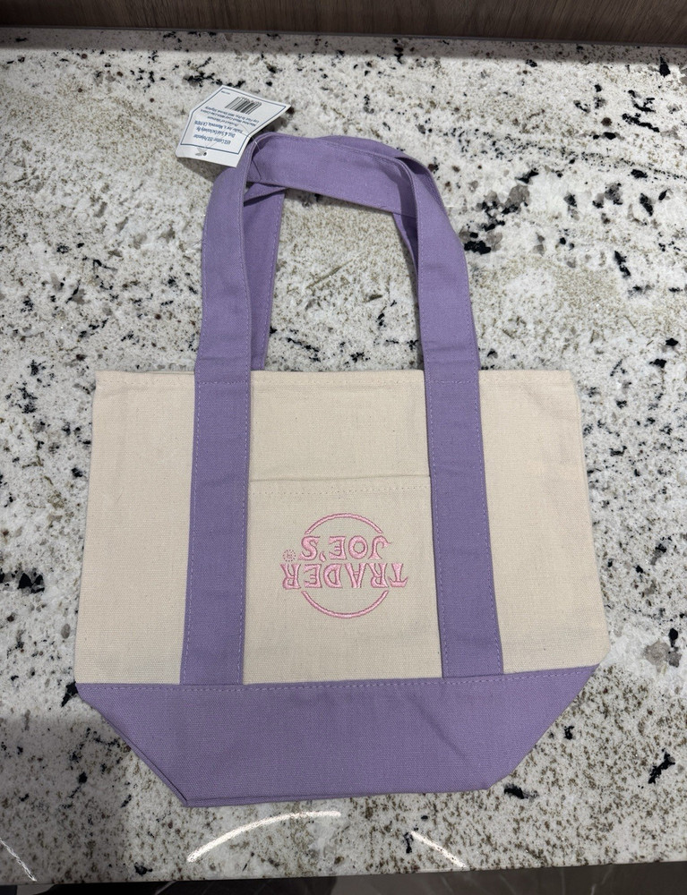 RARE MISPRINT Trader Joe’s Small Canvas Tote Bag Purple/Beige 13x6x11