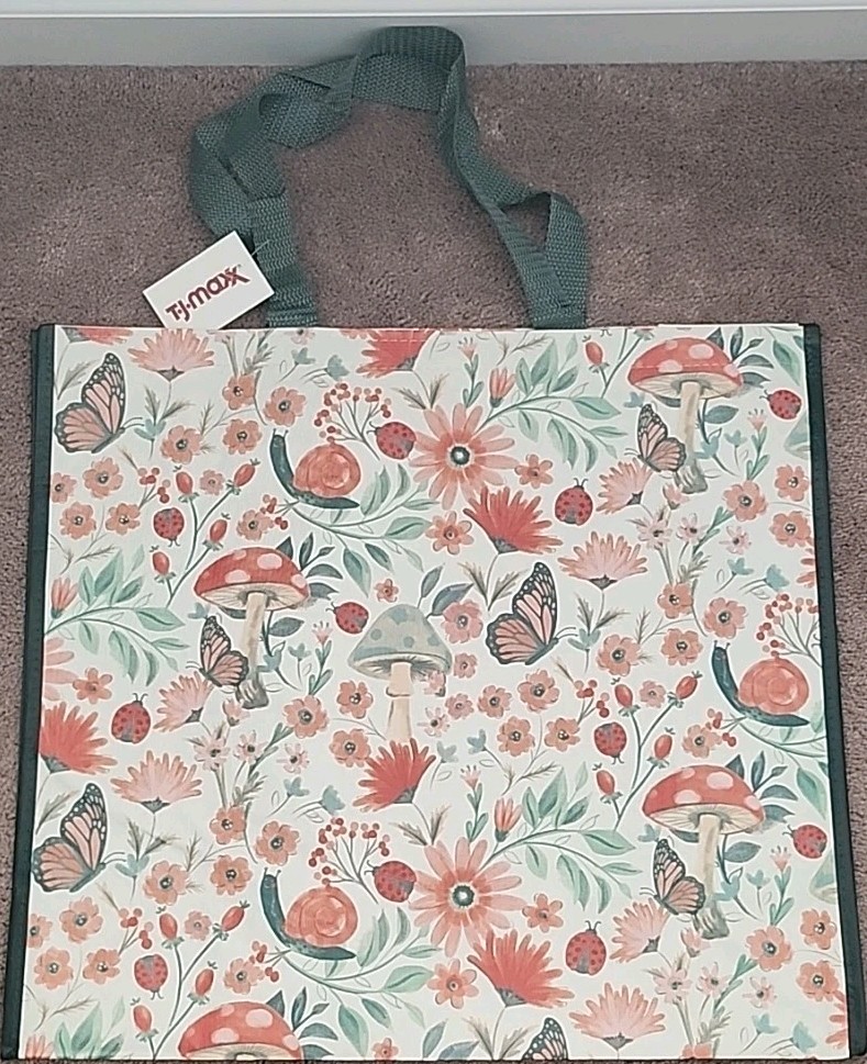 TJ MAXX – Floral Butterflies & Mushrooms – Large Reusable Shopping Tote Eco Bag