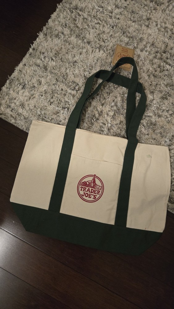 Trader Joe’s Canvas Tote Bag Foldable Beige Green Reusable Shopping