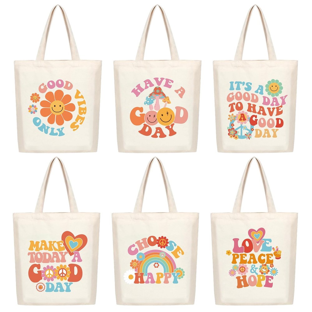 6 Pcs Aesthetic Canvas Tote Bag for Grocery Reusable Shopping Bags Cute Prepp…