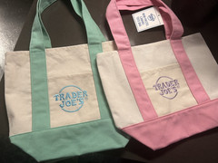 Trader Joe’s Small Canvas Tote Bags Lot of 2 Pink/Green Color Block 13x6x10