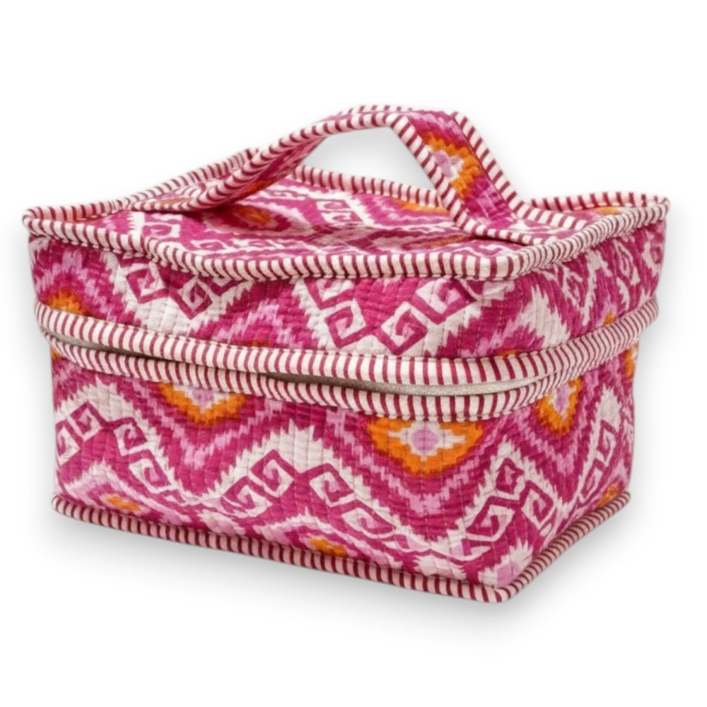 Vastra Looms Block Print Makeup Bag Quilted Pouch, Travel Toiletry Pink