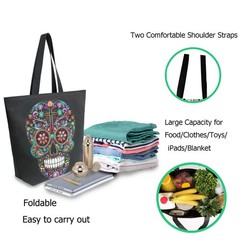 Chic Extra Large Shoulder Grocery Tote Bag, Colors Sugar Skull Day of Dead Bl…