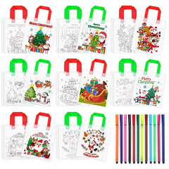 18 Pcs Christmas DIY Coloring Canvas Tote Bag Xmas Santa Goodie Bags Pencils Set