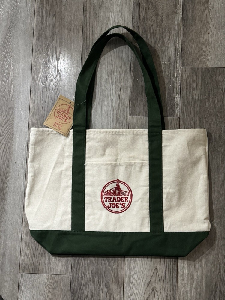 Trader Joe’s Canvas Foldable Reusable Tote Bag Solid Beige Green Shopping Bag