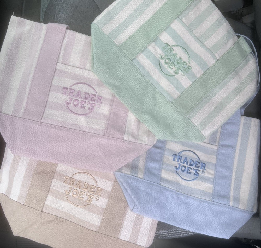 TRADER JOE’S MINI PASTEL STRIPE CANVAS TOTE BAGS SET Of 4 PINK BLUE GREEN BEIGE