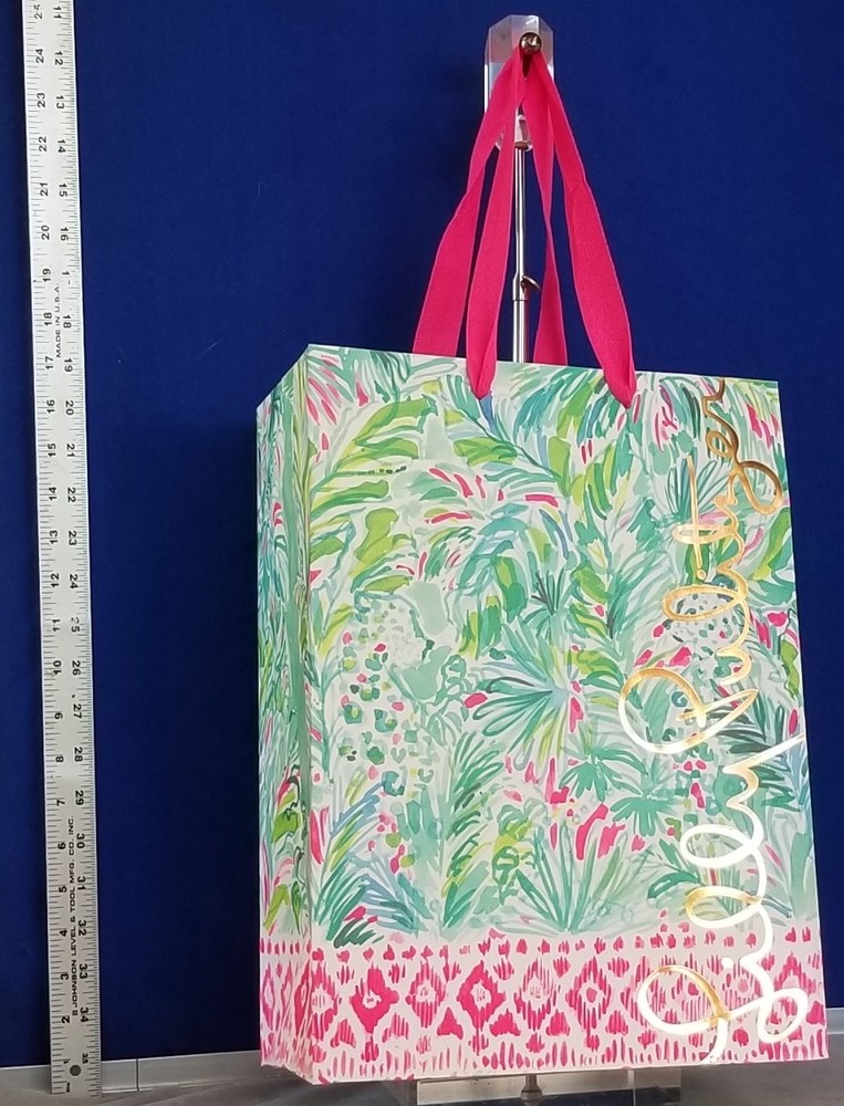 NEW Keep it Pnk & Grn LILLY PULITZER Ribbon Handle SHOPPING BAG w.GOLD Signature