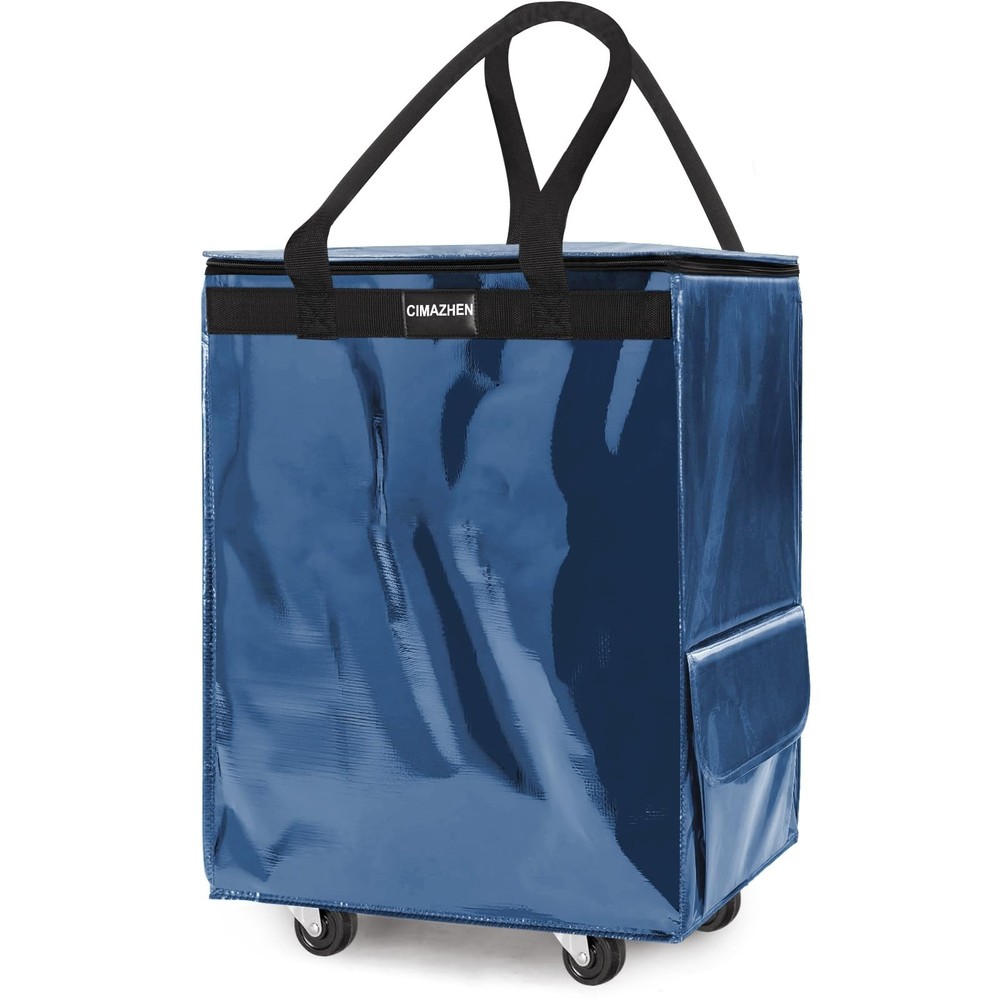 (Medium,Navy Blue) Reusable Grocery Bag on 4 Wheels, 70L Foldable Rolling Tot…