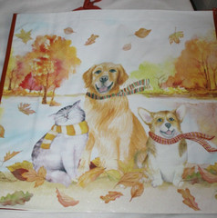 Fall Autumn Leaves Shopping Bag Reusable Tote DOGS And CATS WEARING SCARFS