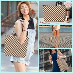 Brown Checkered Canvas Tote Bag Shopping Bag Reusable Grocery Bags with Pocke…