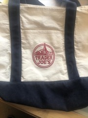 Trader Joe’s Canvas Foldable Tote Bag White Blue Straps Plain Reusable Shopping