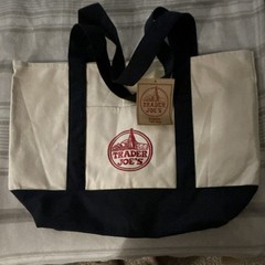 Trader Joe’s Reusable Foldable Canvas Shopping Tote Bag Beige Navy Blue
